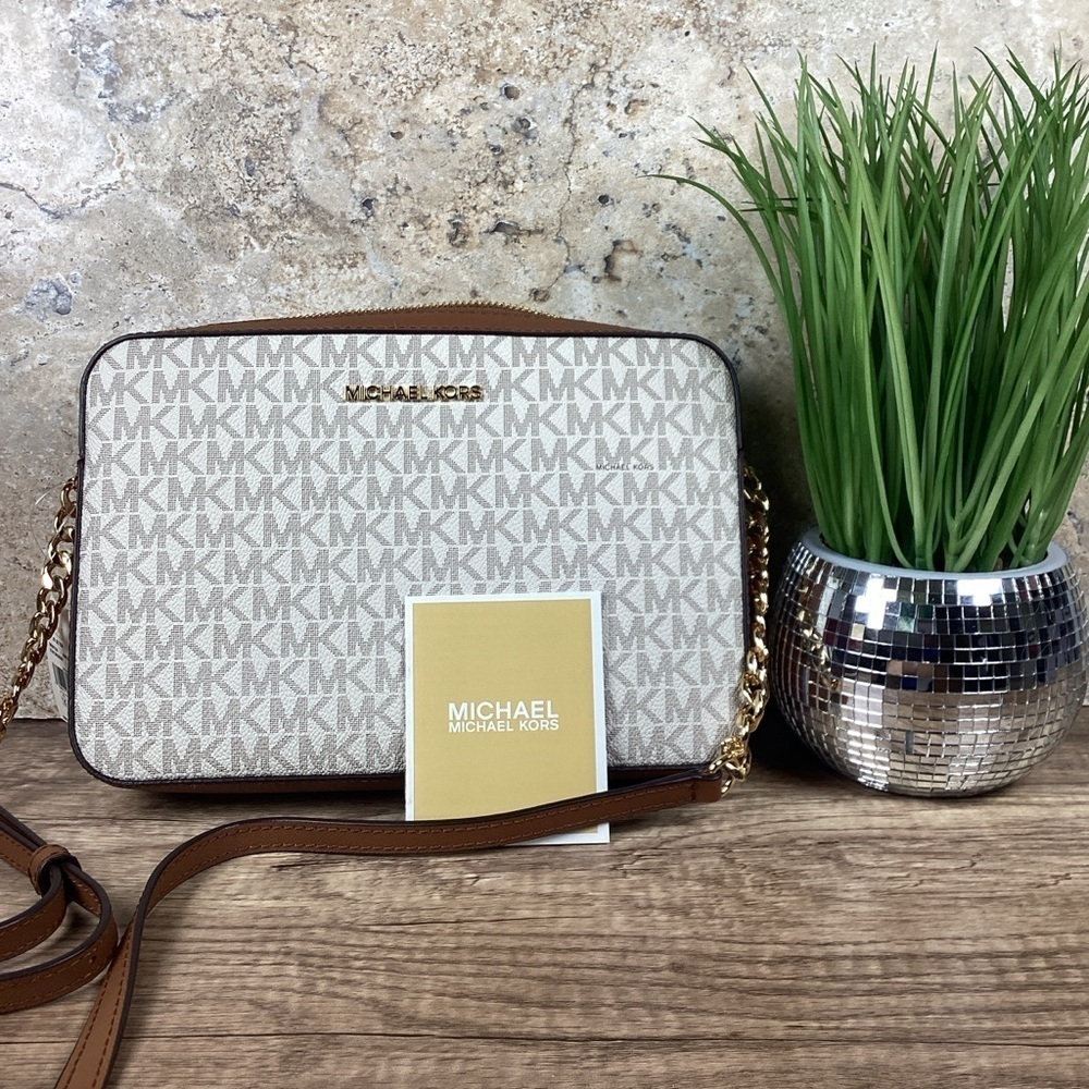 MICHAEL KORS JET SET CROSSBODY BAG PRINTED LOGO VANILLA TAN SHOULDER PURSE